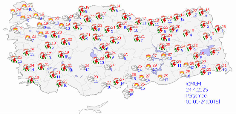 Meteoroloji'den 8 kente sarı kodlu uyarı! Kuvvetli sağanak, fırtına, toz taşınımı... 24 Nisan 2025 MGM hava durumu tahmin haritası