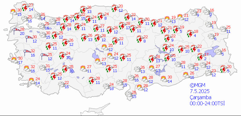 Sıcaklara aldanmayın, kuvvetli geliyor! Meteoroloji gün verdi, il il uyardı 7 Mayıs 2025 MGM hava durumu tahmin haritası