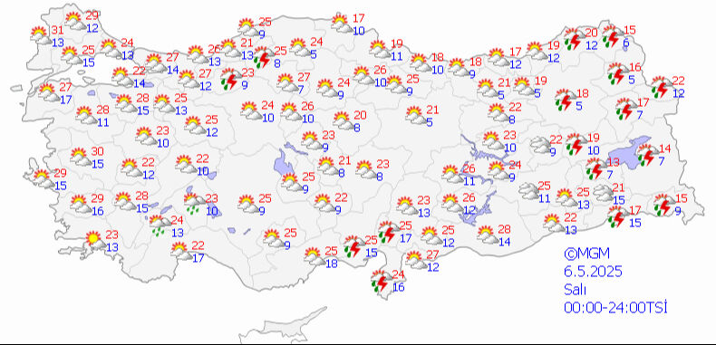 Sıcaklara aldanmayın, kuvvetli geliyor! Meteoroloji gün verdi, il il uyardı 6 Mayıs 2025 MGM hava durumu tahmin haritası