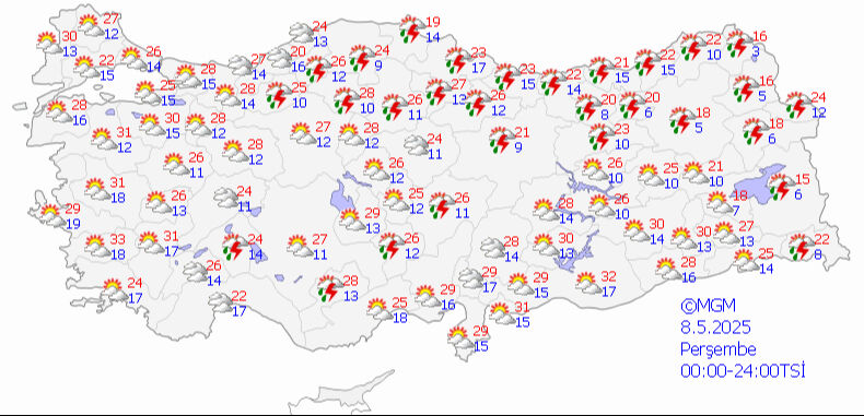 Sıcaklara aldanmayın, kuvvetli geliyor! Meteoroloji gün verdi, il il uyardı 8 Mayıs 2025 MGM hava durumu tahmin haritası