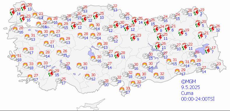 Sıcaklara aldanmayın, kuvvetli geliyor! Meteoroloji gün verdi, il il uyardı 9 Mayıs 2025 MGM hava durumu tahmin haritası