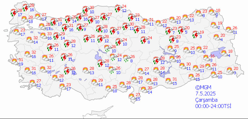 Kavurucu sıcaklar kapıya dayandı! Bazı bölgelerde 35 dereceyi geçecek 7 Mayıs 2025 MGM hava durumu tahmin haritası
