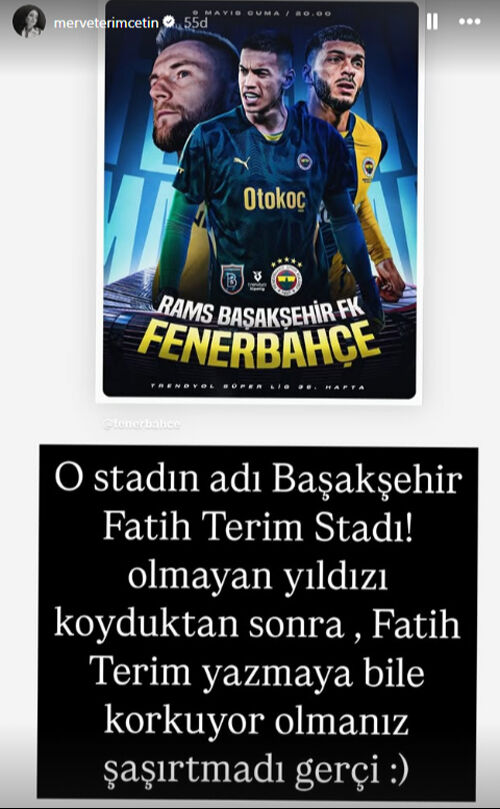 Merve Terim'in Fenerbahçe tepkisi: Fatih Terim yazmaya bile korkuyorsunuz! Merve Terim'in Fenerbahçe tepkisi: Fatih Terim yazmaya bile korkuyorsunuz! - 1. Resim