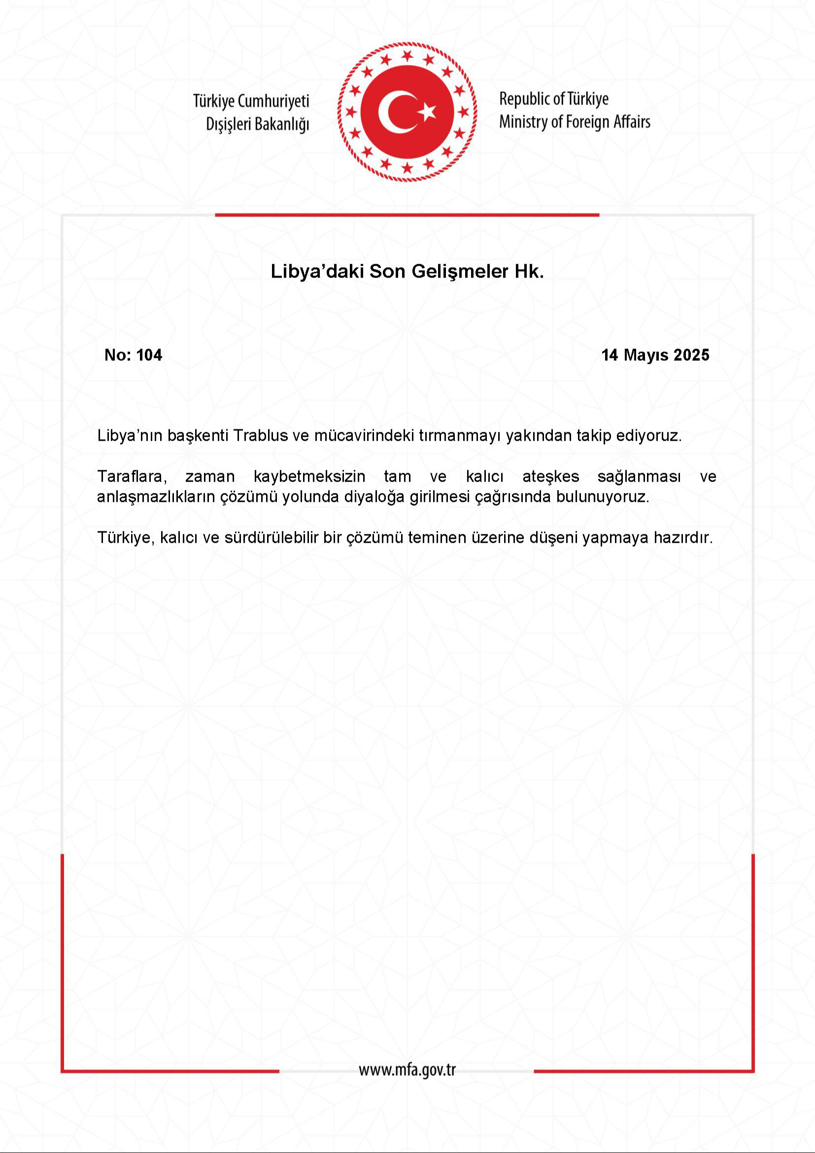 Dışişleri'nden Libya açıklaması: Türkiye üzerine düşeni yapmaya hazırdır - 1. Resim