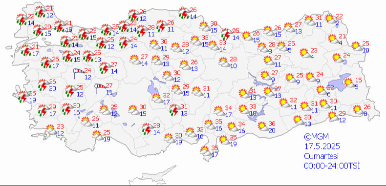 'Elektrik fırtınası' için saat verildi! Meteoroloji'den birçok kente sarı kodlu uyarı 17 Mayıs 2025 MGM hava durumu tahmin haritası