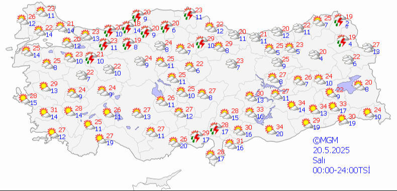Meteoroloji gün verdi, il il uyardı! Artık her şey sona eriyor, yeni dönem kapıda 20 Mayıs 2025 MGM hava durumu tahmin haritası