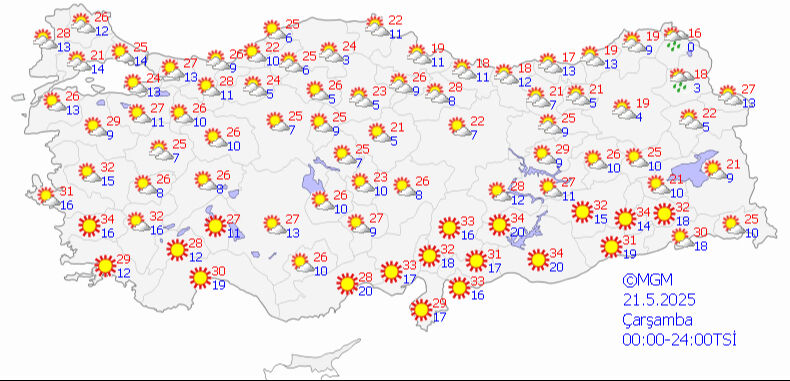 Artan sıcaklıkların ardından sağanak molası! Meteoroloji ve AKOM'dan İstanbul'a uyarı 21 Mayıs 2025 MGM hava durumu tahmin haritası