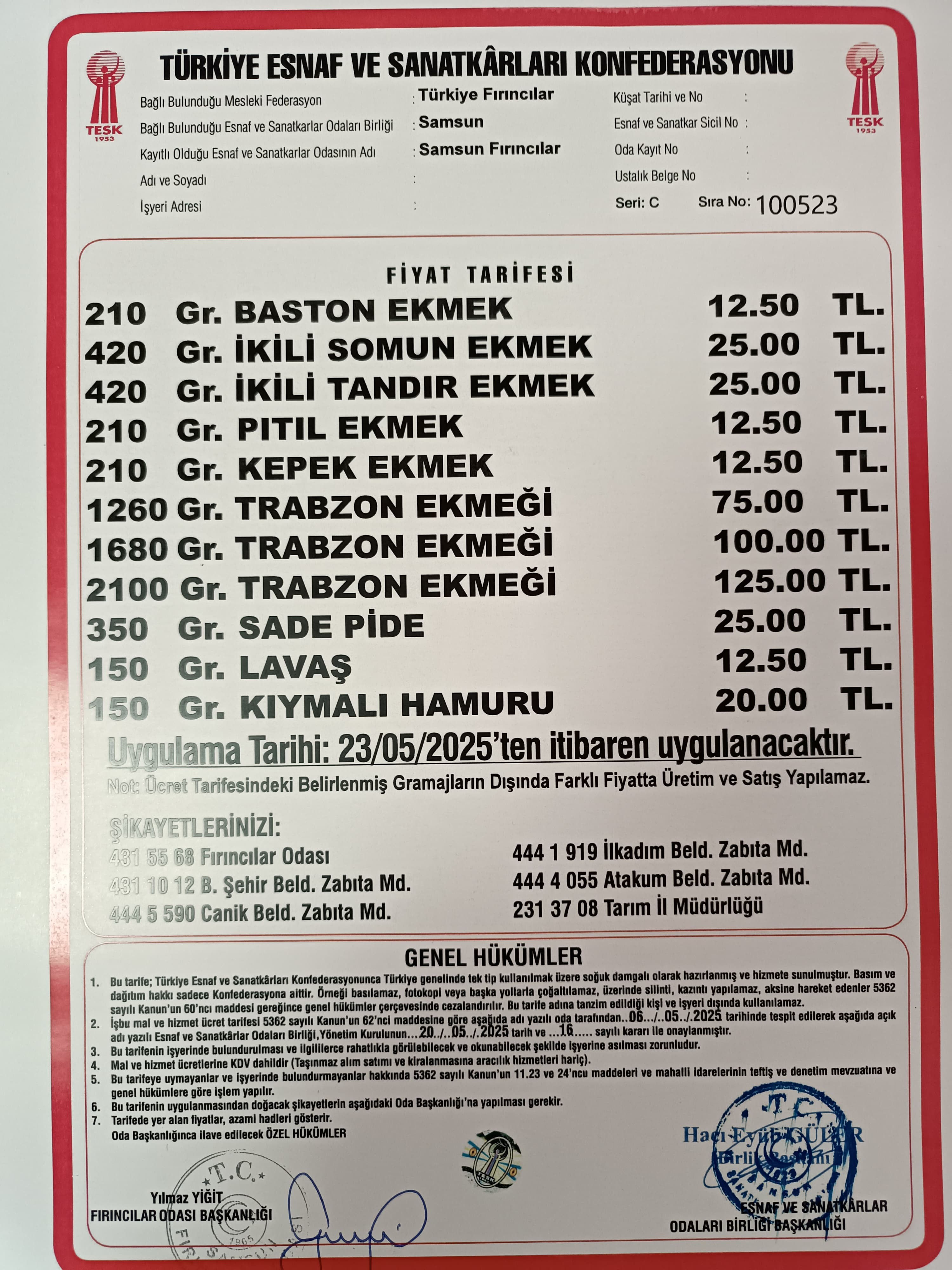 Samsun ekmek kaç tl oldu mayıs 2025