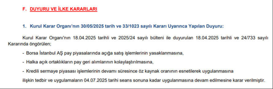 SPK'dan piyasa istikrarı için yeni karar! Borsa İstanbul'da açığa satış yasağı 4 Temmuz'a kadar uzatıldı - 1. Resim