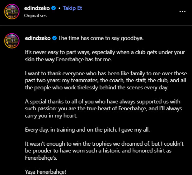 Yıldız oyuncu Edin Dzeko, Fenerbahçe'ye veda etti! - 2. Resim