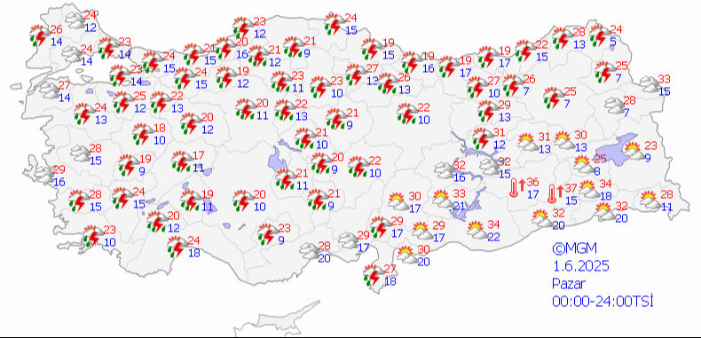 Meteoroloji'den 4 kente 'sarı kodlu' uyarı! Çok kuvvetli geliyor 1 Haziran 2025 MGM hava durumu tahmin haritası