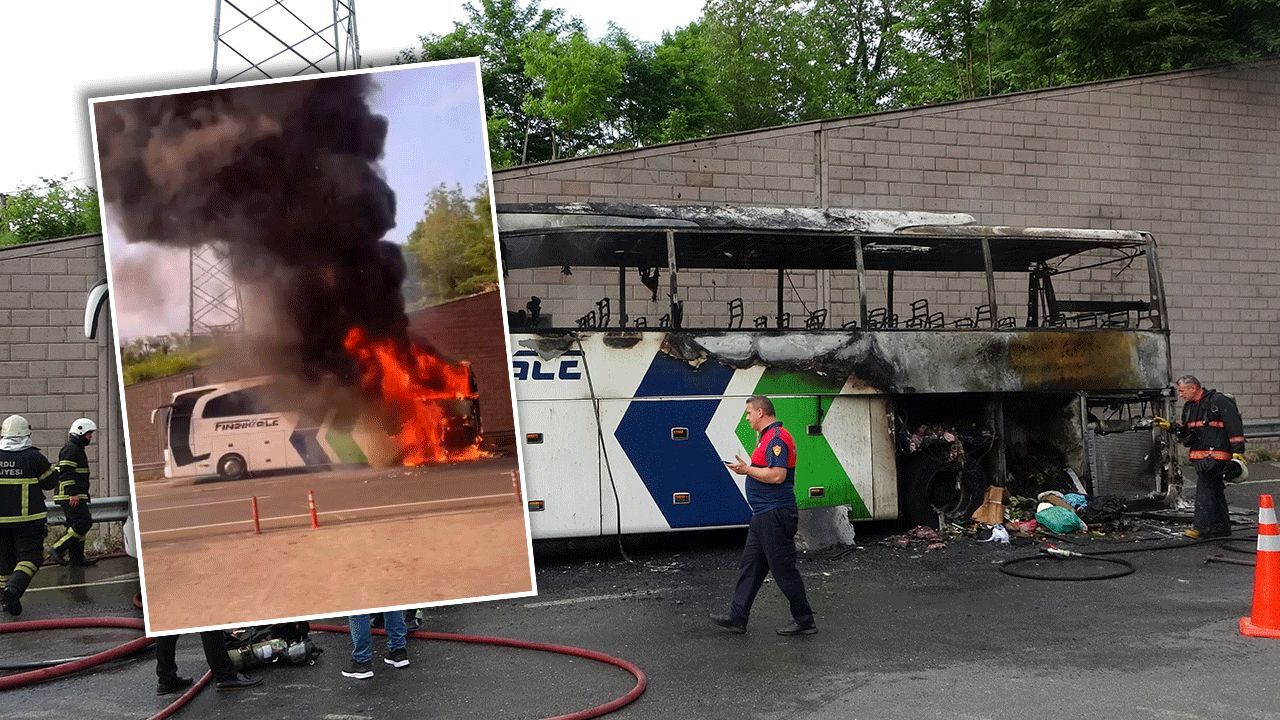 Bayram dönüşü trafiğinde yolcu otobüsü faciası! Cayır cayır yanan araçtan yolcular saniyelerle kurtuldu