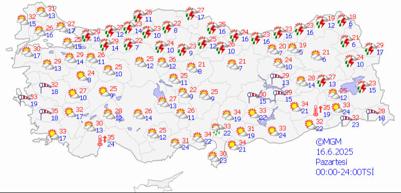 Haftanın ilk gününde sağanak alarmı! Meteoroloji il il uyardı 16 Haziran 2025 MGM hava durumu tahmin haritası