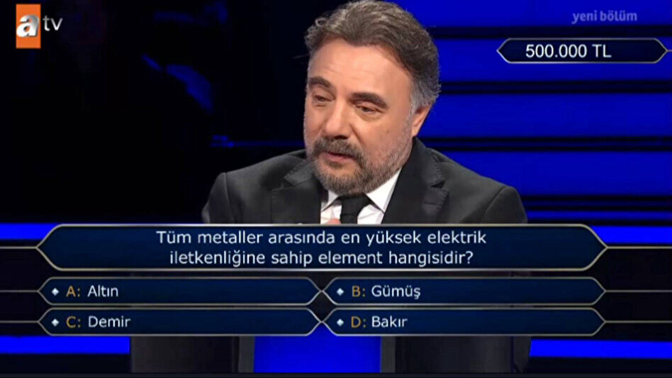 19 Haziran 2025 Kim Milyoner Olmak İster'de 500 bin TL'lik soru! Tüm metaller arasında en yüksek elektrik iletkenliğine sahip element hangisidir? - 1. Resim