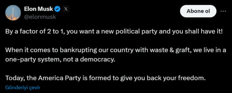 Elon Musk'tan Trump'ı çıldırtacak hamle! Amerika Partisi'ni resmen kuruldu - 1. Resim