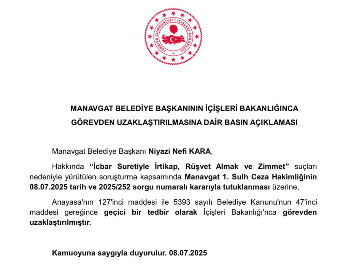 Manavgat Belediye Başkanı Niyazi Nefi Kara görevden uzaklaştırıldı - 1. Resim