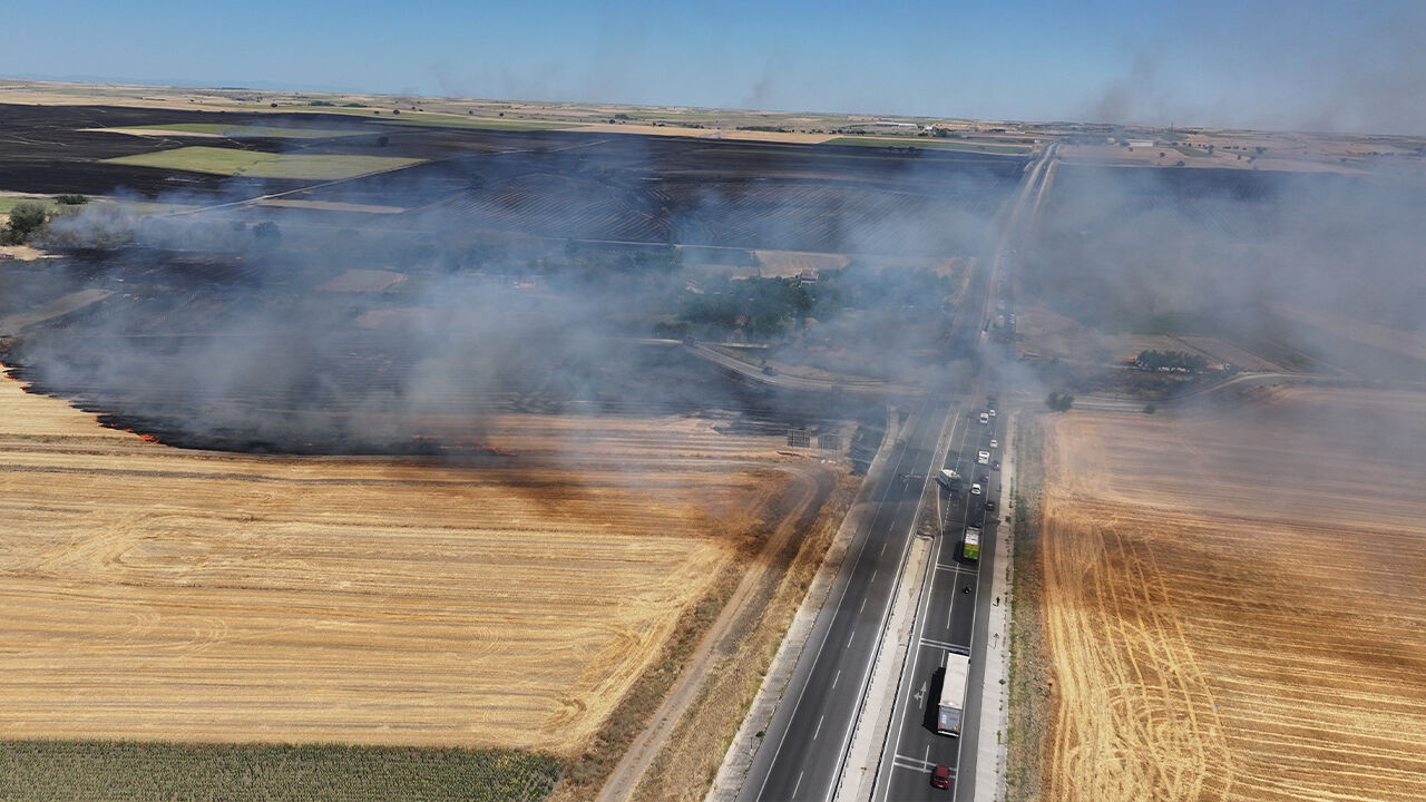 Edirne'de anız yangını! Karayolu çift taraflı ulaşıma kapatıldı - 1. Resim