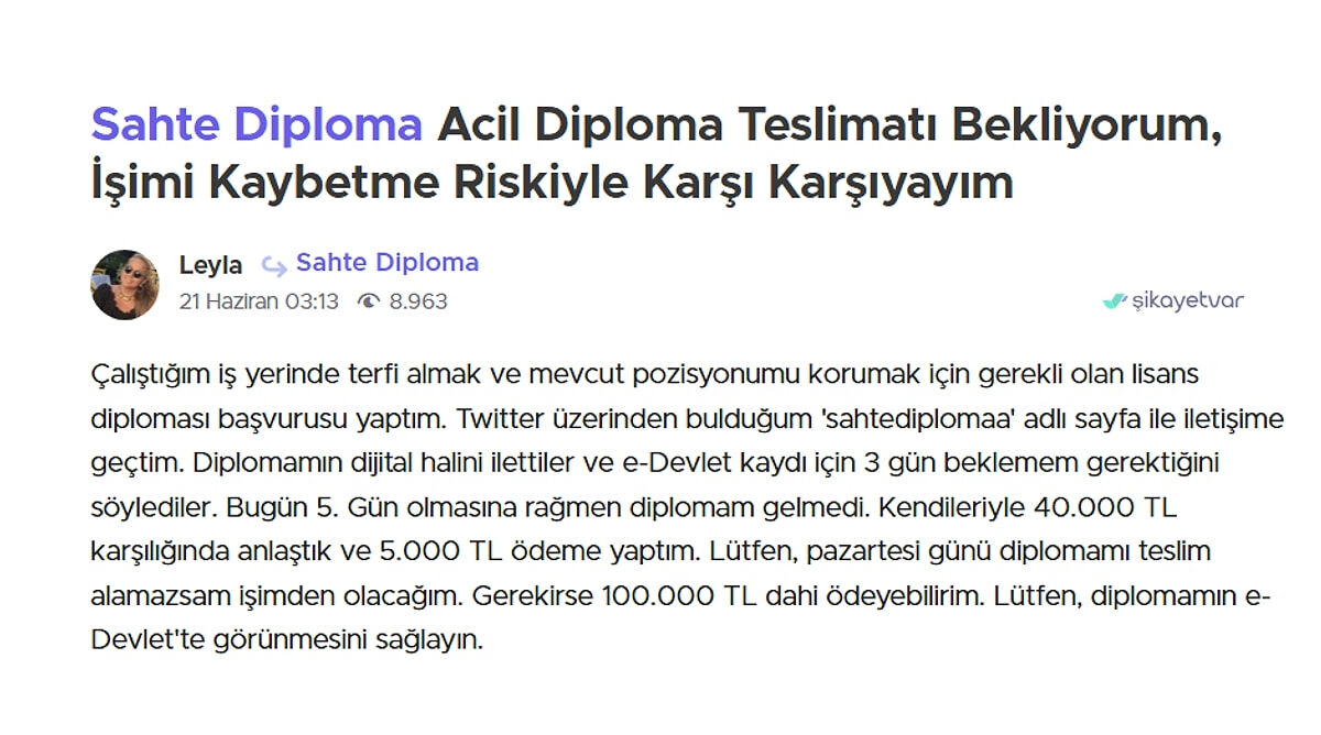 40 bin liraya sahte diploma aldı, dolandırılınca şikayet sitesine koştu: Pişkinliğe tepki çığ gibi! 40 bin liraya sahte diploma aldı, dolandırılınca şikayet sitesine koştu: Pişkinliğe tepki çığ gibi! - 1. Resim