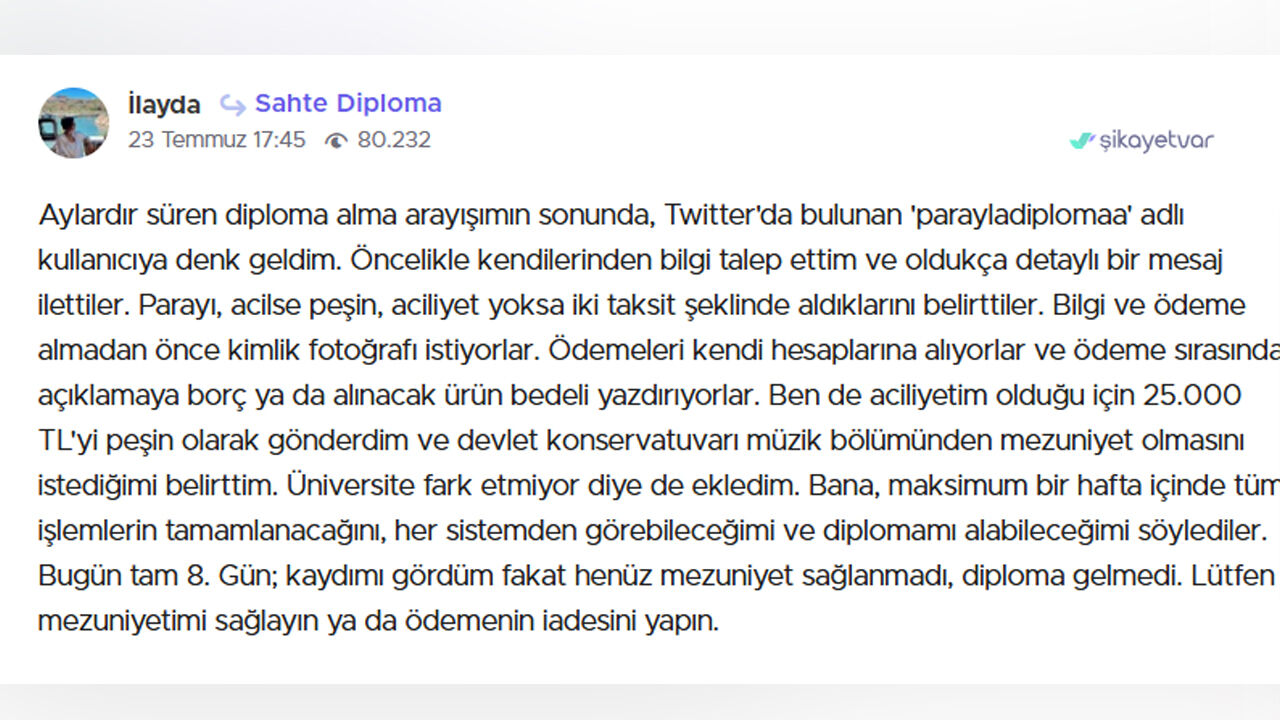 40 bin liraya sahte diploma aldı, dolandırılınca şikayet sitesine koştu: Pişkinliğe tepki çığ gibi! 40 bin liraya sahte diploma aldı, dolandırılınca şikayet sitesine koştu: Pişkinliğe tepki çığ gibi! - 2. Resim