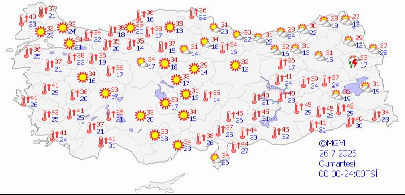 Meteoroloji'den il il haritalı uyarı! Sıcaklar tırmanıyor, bir dalga daha geliyor 26 Temmuz 2025 MGM hava durumu tahmin haritası