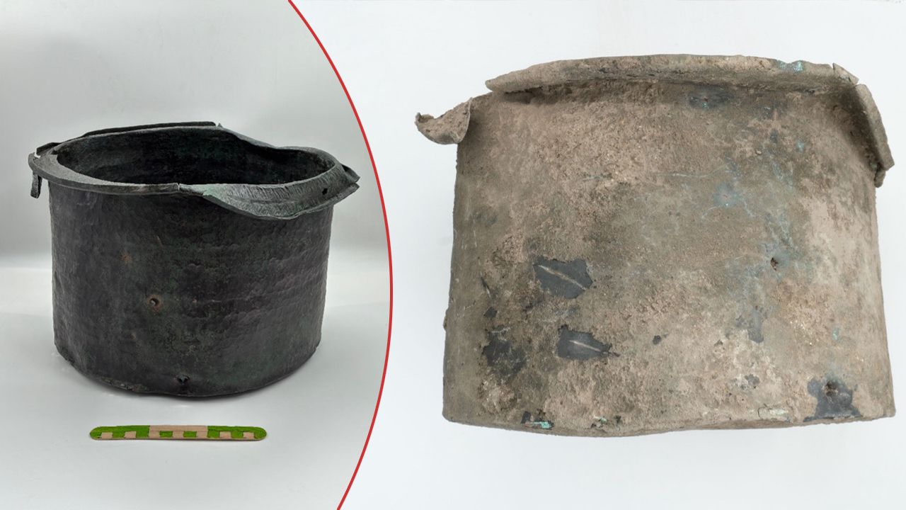 Çekiç izleri duruyor... Bergama'da 1400 yıllık bronz kazan bulundu Çekiç izleri duruyor... Bergama'da 1400 yıllık bronz kazan bulundu