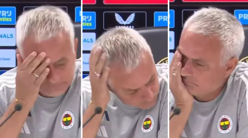 Jose Mourinho faces an emotional moment during a press conference in Rotterdam, Netherlands, on August 5, 2025, as he learns live on air about the passing of his former player Jorge Costa and breaks down in tears. (Türkiye Daily Photo)