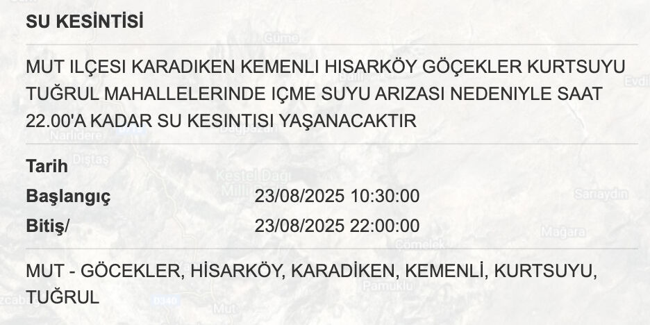 Mersin su kesintisi 23-24 Ağustos listesi! Mersin'de sular ne zaman, saat kaçta gelecek? - 2. Resim
