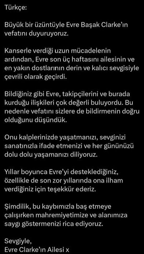 Evre Başak Clarke öldü mü? Ailesi duyurdu - 2. Resim