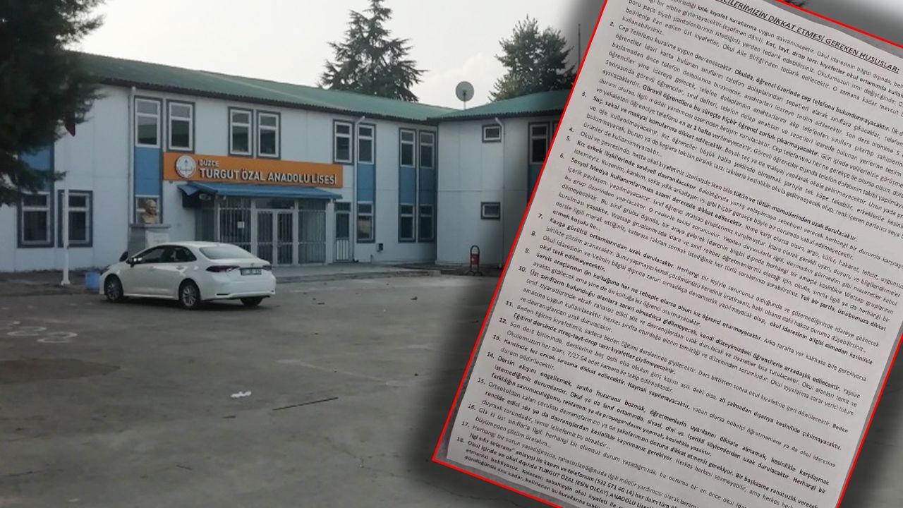 Düzce'deki lisenin 18 maddelik kurallarına soruşturma! "Kızlar serviste öne oturmayacak, kantinde ayrı sıra yapacak" Düzce'deki lisenin 18 maddelik kurallarına soruşturma! "Kızlar serviste öne oturmayacak, kantinde ayrı sıra yapacak"