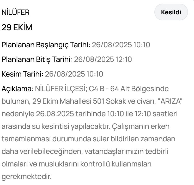 Bursa su kesintisi: 26 Ağustos Bursa'nın hangi ilçelerinde su kesintisi olacak? BUSKİ listeyi paylaştı - 8. Resim