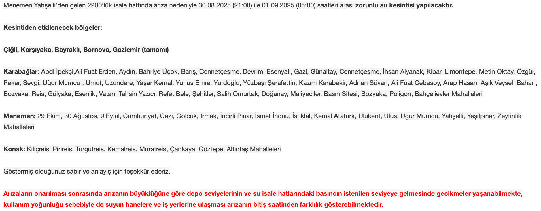 İzmir su kesintisi 32 saat sürecek! Çiğli, Bornova, Karşıyaka, Bayraklı ve Gaziemir’de sular ne zaman gelecek? - 1. Resim