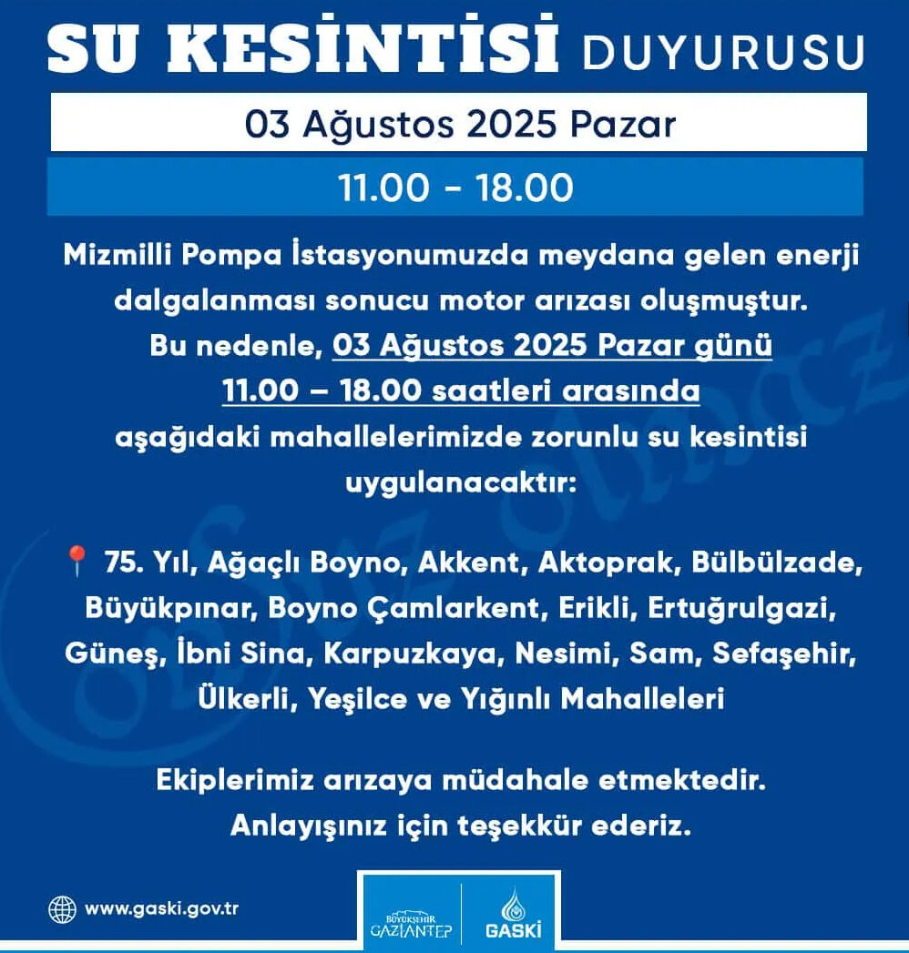 Gaziantep su kesintisi: 1 Eylül'de Gaziantep'te sular ne zaman gelecek? - 1. Resim