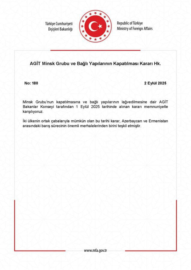 Dışişleri Bakanlığı duyurdu: AGİT Minsk Grubu tarihe karıştı Dışişleri Bakanlığı, AGİT Bakanlar Konseyi’nin 1 Eylül 2025’te aldığı Minsk Grubu ve bağlı yapıların kapatılması kararını memnuniyetle karşıladığını duyurdu. Bakanlıktan yapılan açıklamada, bu tarihi adımın Azerbaycan ile Ermenistan arasındaki barış sürecinin en önemli dönüm noktalarından biri olduğu vurgulandı.