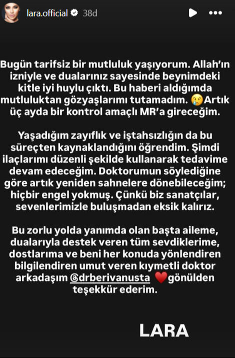 Sevenlerini endişelendirmişti… Beyninde kitle ortaya çıkan Lara iyi haberi paylaştı - 1. Resim
