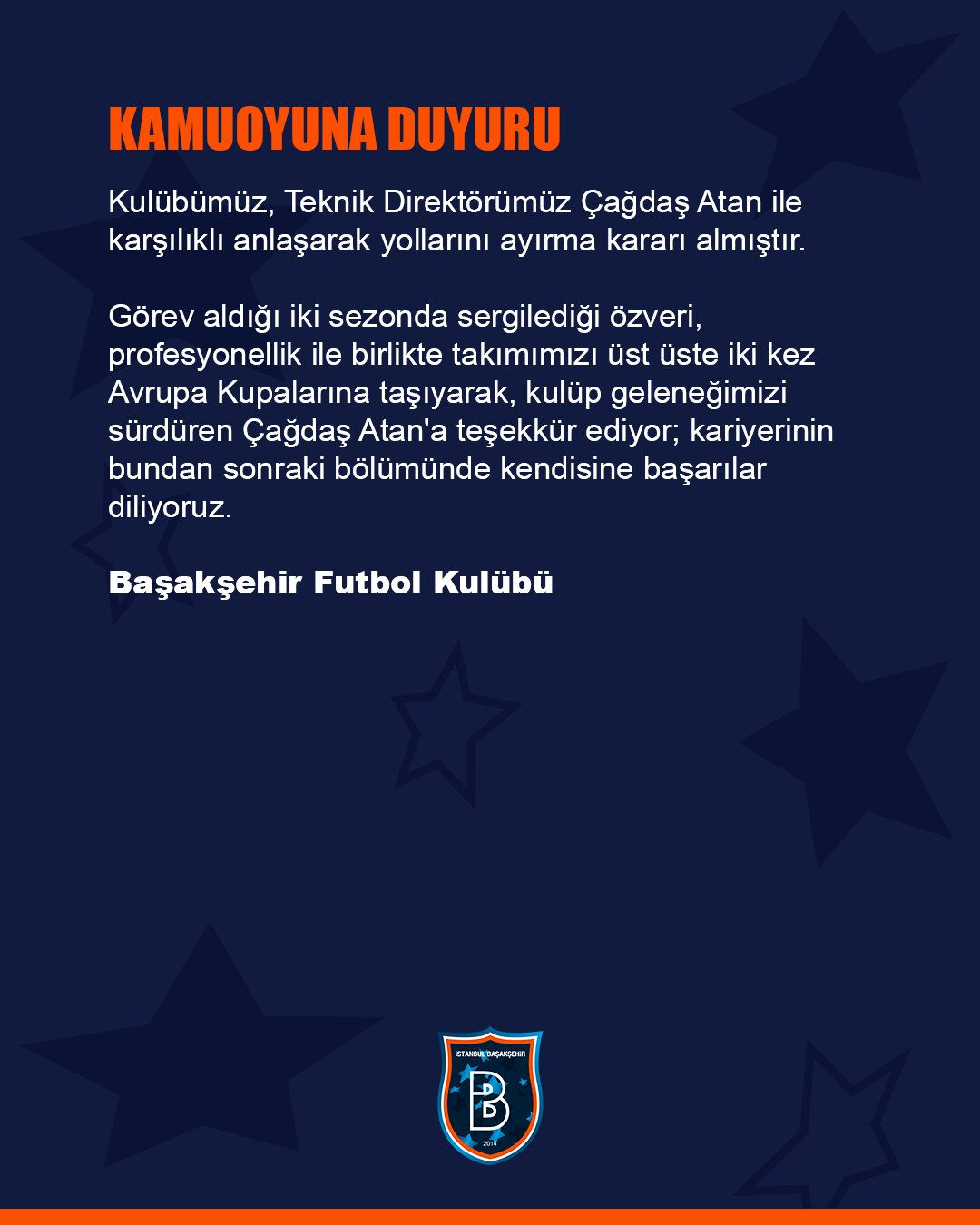 Süper Lig'de bir teknik adam ayrılığı daha! Başakşehir, ayrılığı resmen duyurdu Süper Lig'te bir teknik adam ayrılığı daha! RAMS Başakşehir, teknik direktör Çağdaş Atan ile yolları ayırdı - 1. Resim