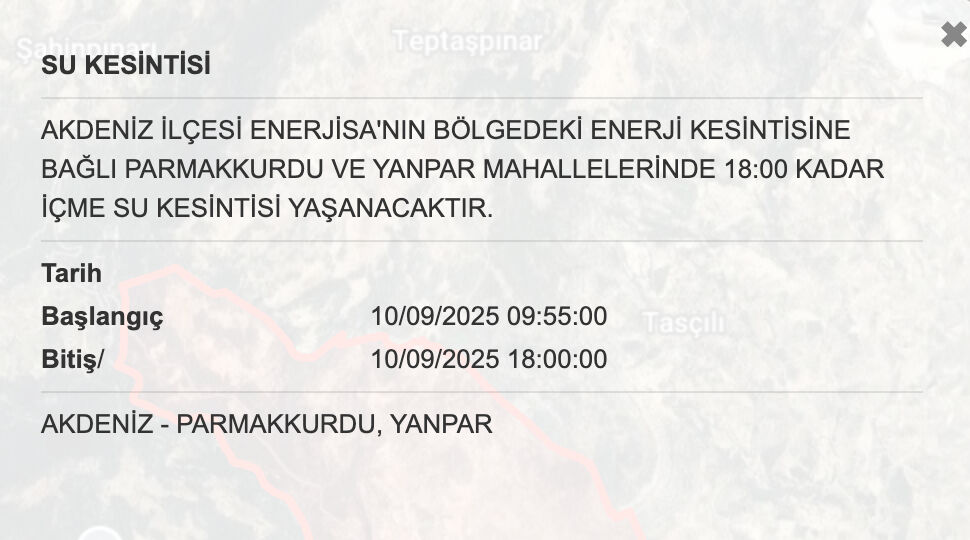 10 Eylül MESKİ su kesintisi sorgulama ekranı: Mersin’de sular ne zaman saat kaçta gelecek? 10 Eylül MESKİ su kesintisi sorgulama ekranı: Mersin’de sular ne zaman saat kaçta gelecek? - 2. Resim