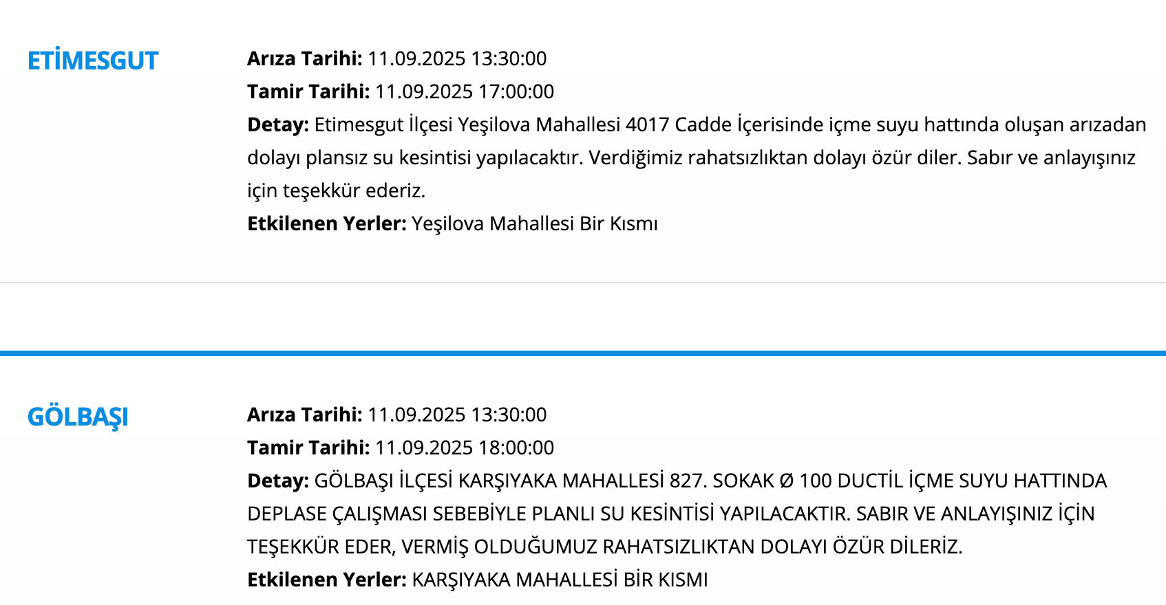 ASKİ su kesintisi: 11 Eylül Ankara'da sular ne zaman gelecek? Etimesgut, Altındağ, Polatlı... ASKİ su kesintisi: 11 Eylül Ankara'da sular ne zaman gelecek? Etimesgut, Altundağ, Altındağ... - 4. Resim