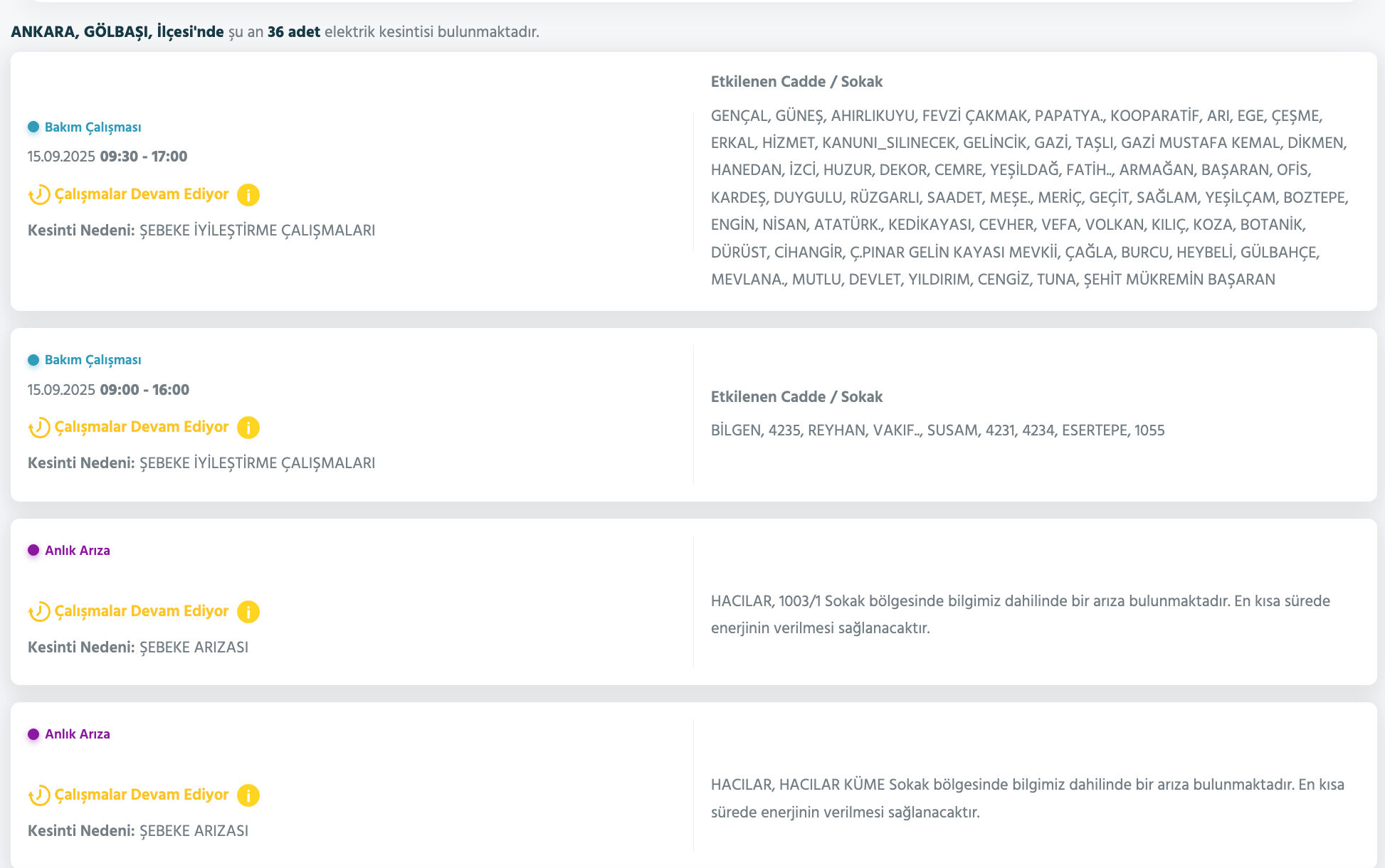 Ankara elektrik kesintisi sorgulama ekranı! 15 Eylül'de Ankara'da elektrikler ne zaman gelecek, saat kaçta? - 10. Resim