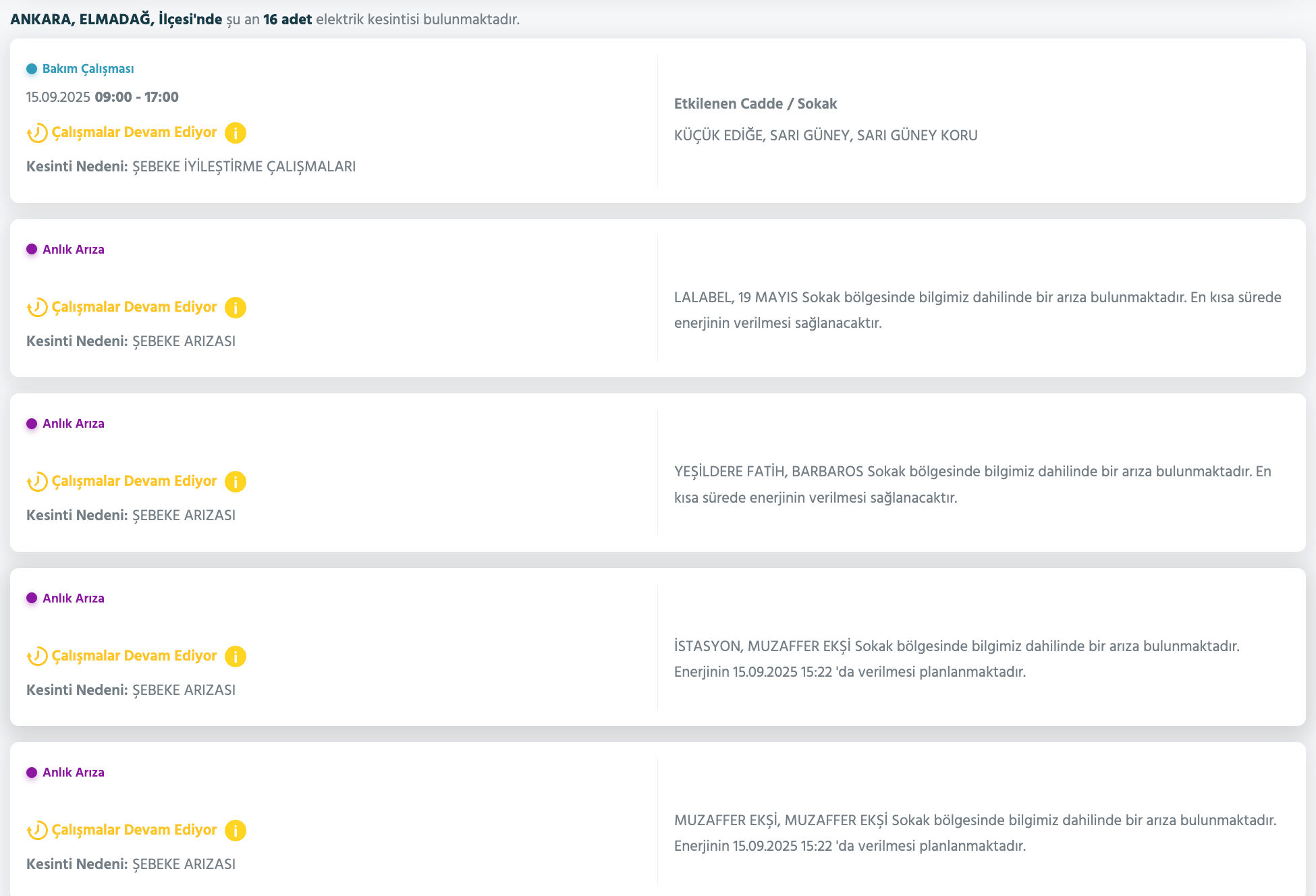 Ankara elektrik kesintisi sorgulama ekranı! 15 Eylül'de Ankara'da elektrikler ne zaman gelecek, saat kaçta? - 8. Resim