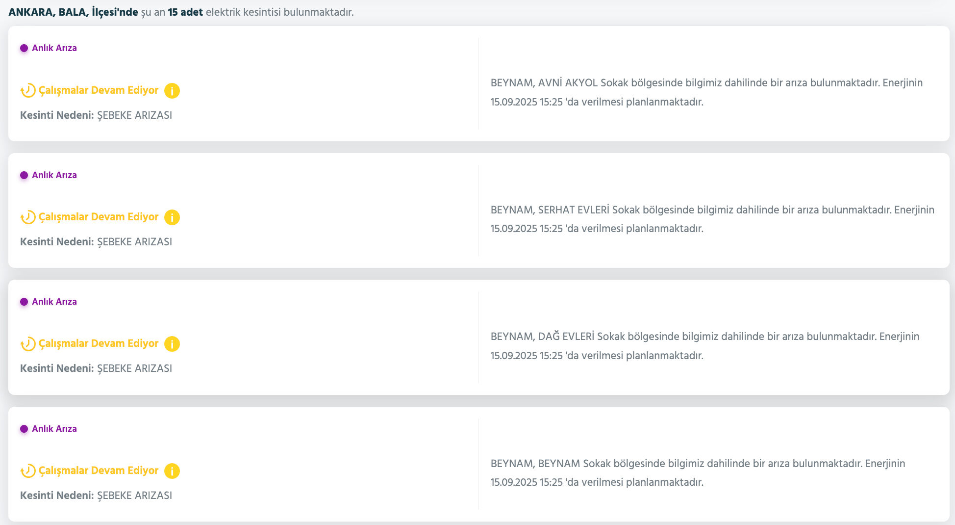 Ankara elektrik kesintisi sorgulama ekranı! 15 Eylül'de Ankara'da elektrikler ne zaman gelecek, saat kaçta? - 3. Resim
