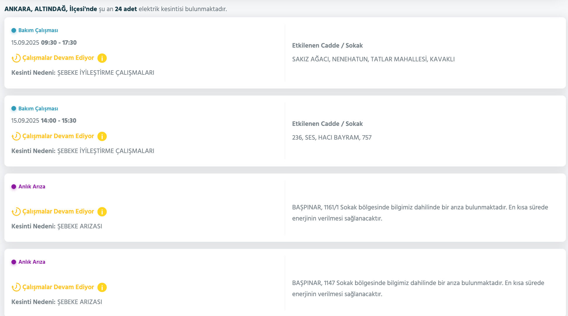 Ankara elektrik kesintisi sorgulama ekranı! 15 Eylül'de Ankara'da elektrikler ne zaman gelecek, saat kaçta? - 2. Resim