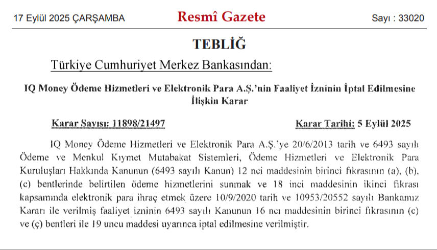 Merkez Bankası'ndan Paypole ve IQ Money kararı! Faaliyet izinleri iptal edildi  - 1. Resim