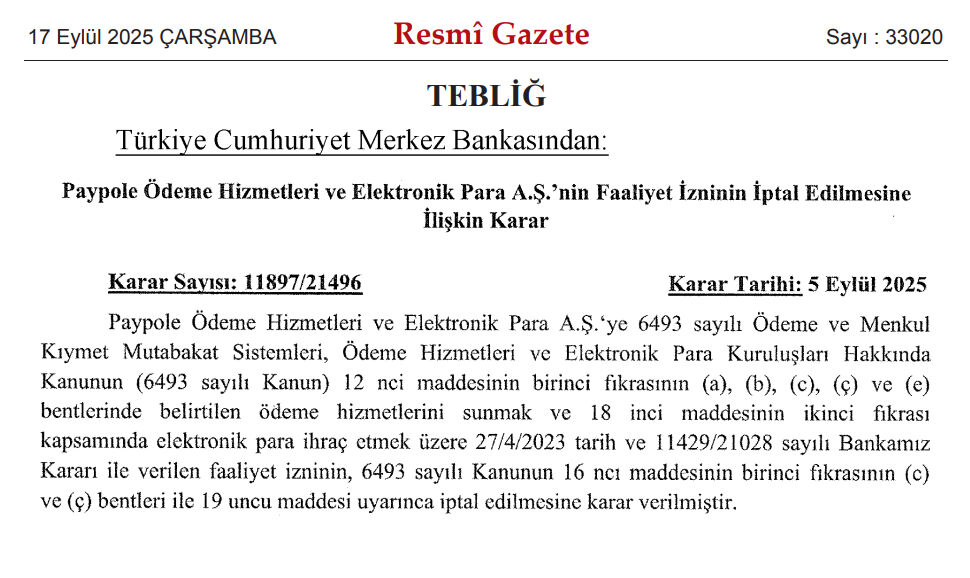 Merkez Bankası'ndan Paypole ve IQ Money kararı! Faaliyet izinleri iptal edildi  - 2. Resim