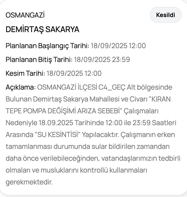 BUSKİ duyurdu: 18 Eylül Bursa’nın hangi ilçelerinde sular kesilecek? - 4. Resim