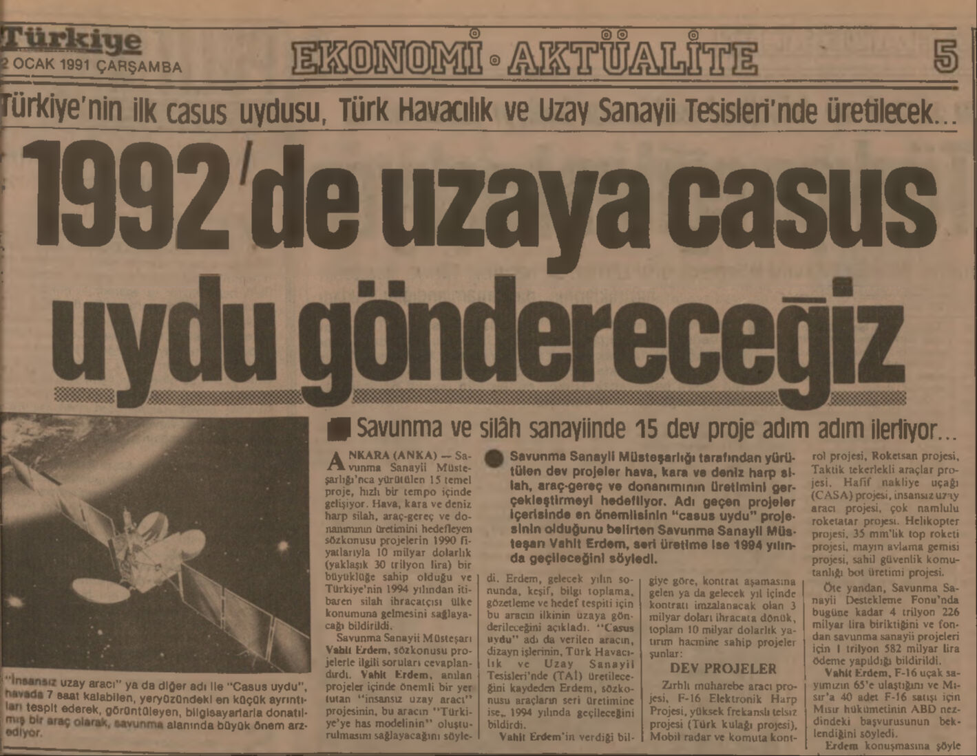 Uzaya 'casus uydu' göndereceğiz! (2 Ocak 1991) — BİR ZAMANLAR TÜRKİYE - 1. Resim