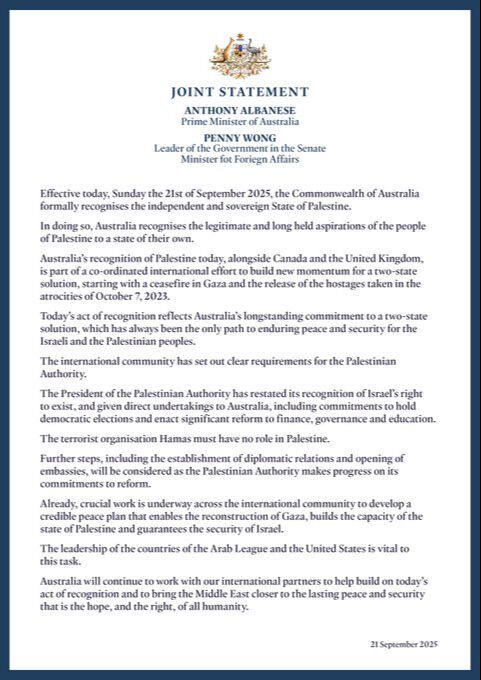İngiltere Başbakanı Keir Starmer, Kanada Başbakanı Mark Carney ve Avustralya Başbakanı Anthony Albanese, bugün Birleşmiş Milletler Genel Kurulu çerçevesinde Filistin Devleti’ni tanıma yönünde resmi kararlarını duyurdu.