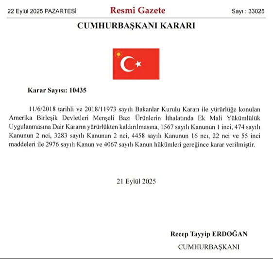 Çok sayıda ABD ürününe uygulanan ek vergiler kaldırıldı! Çok sayıda ABD ürününe uygulanan ek vergiler kaldırıldı! Resmi Gazete'de yayımlandı - 1. Resim