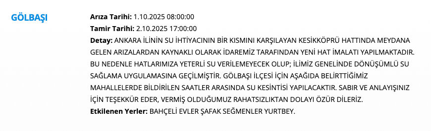 Ankara su kesintisi listesi 1-2 Ekim: Çankaya ve Gölbaşı'nda sular ne zaman, saat kaçta gelecek? - 2. Resim