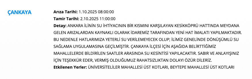 Ankara su kesintisi listesi 1-2 Ekim: Çankaya ve Gölbaşı'nda sular ne zaman, saat kaçta gelecek? - 1. Resim