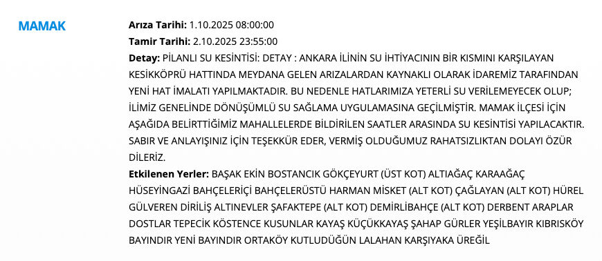 Ankara su kesintisi listesi 1-2 Ekim: Çankaya ve Gölbaşı'nda sular ne zaman, saat kaçta gelecek? - 4. Resim